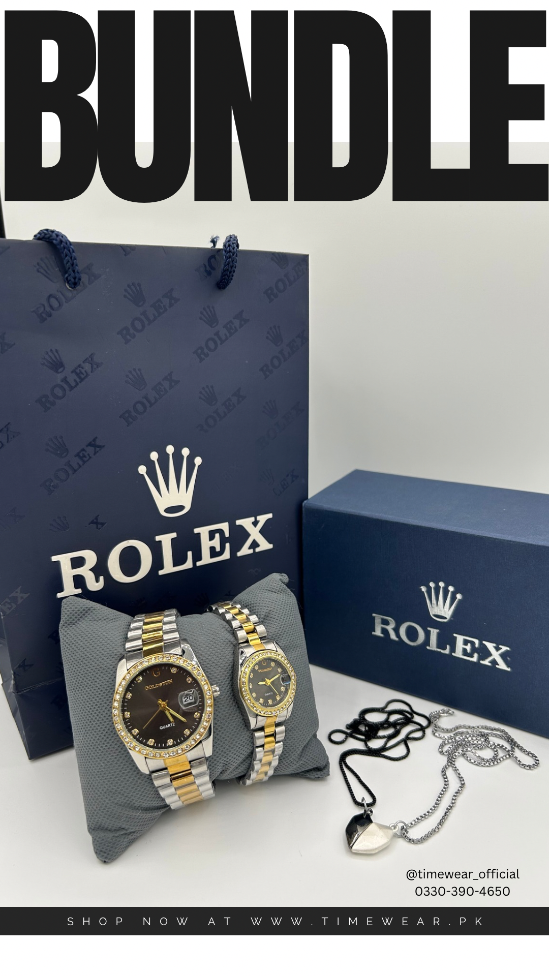 Bundle Offer | Couple Chain Watch + Magnetic Heart Necklace - Premium Rolex Box