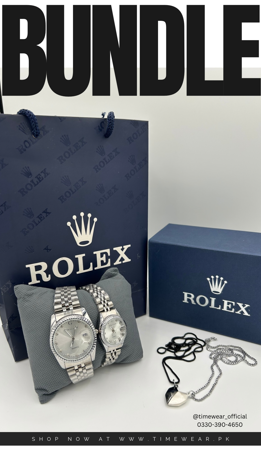 Bundle Offer | Couple Chain Watch + Magnetic Heart Necklace - Premium Rolex Box