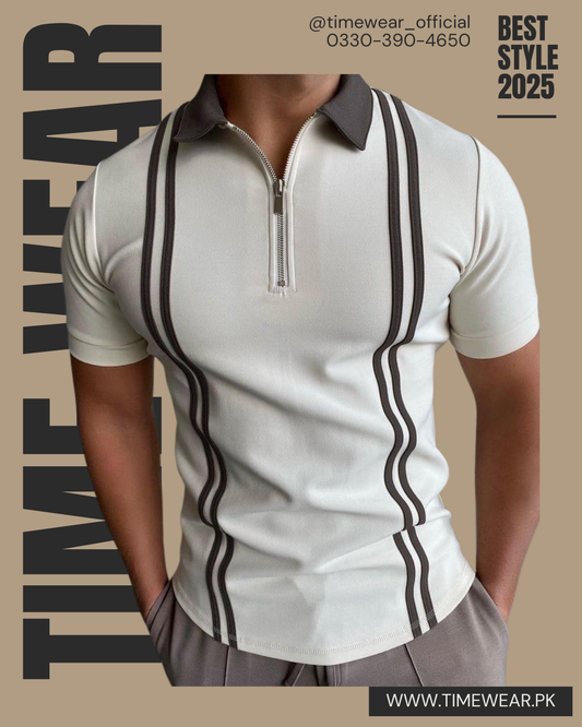 Gents Polo Dual Stripes (White & Gray)