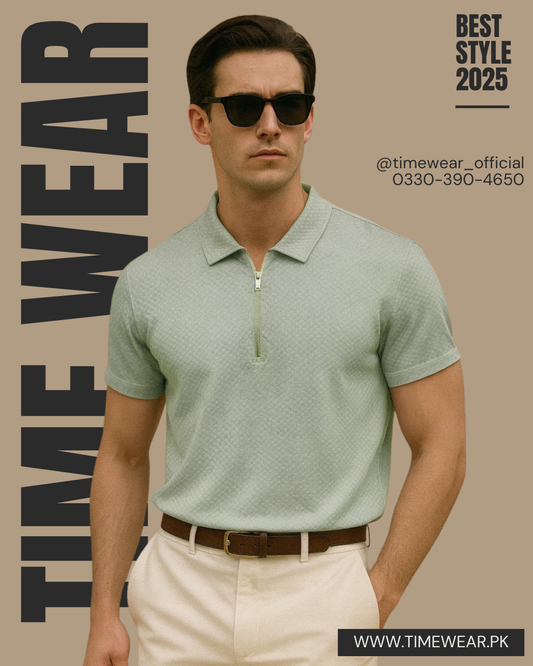 Textured Zip Polo For Men's - Ice Mint