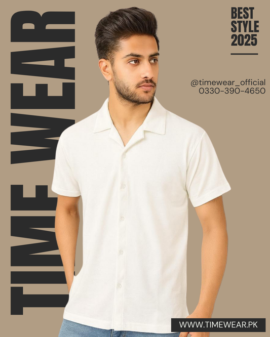 Cuban Collar Waffle Knitted Shirt - White