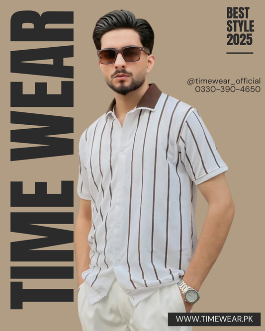 Gents Polo Stripes (White & Brown)