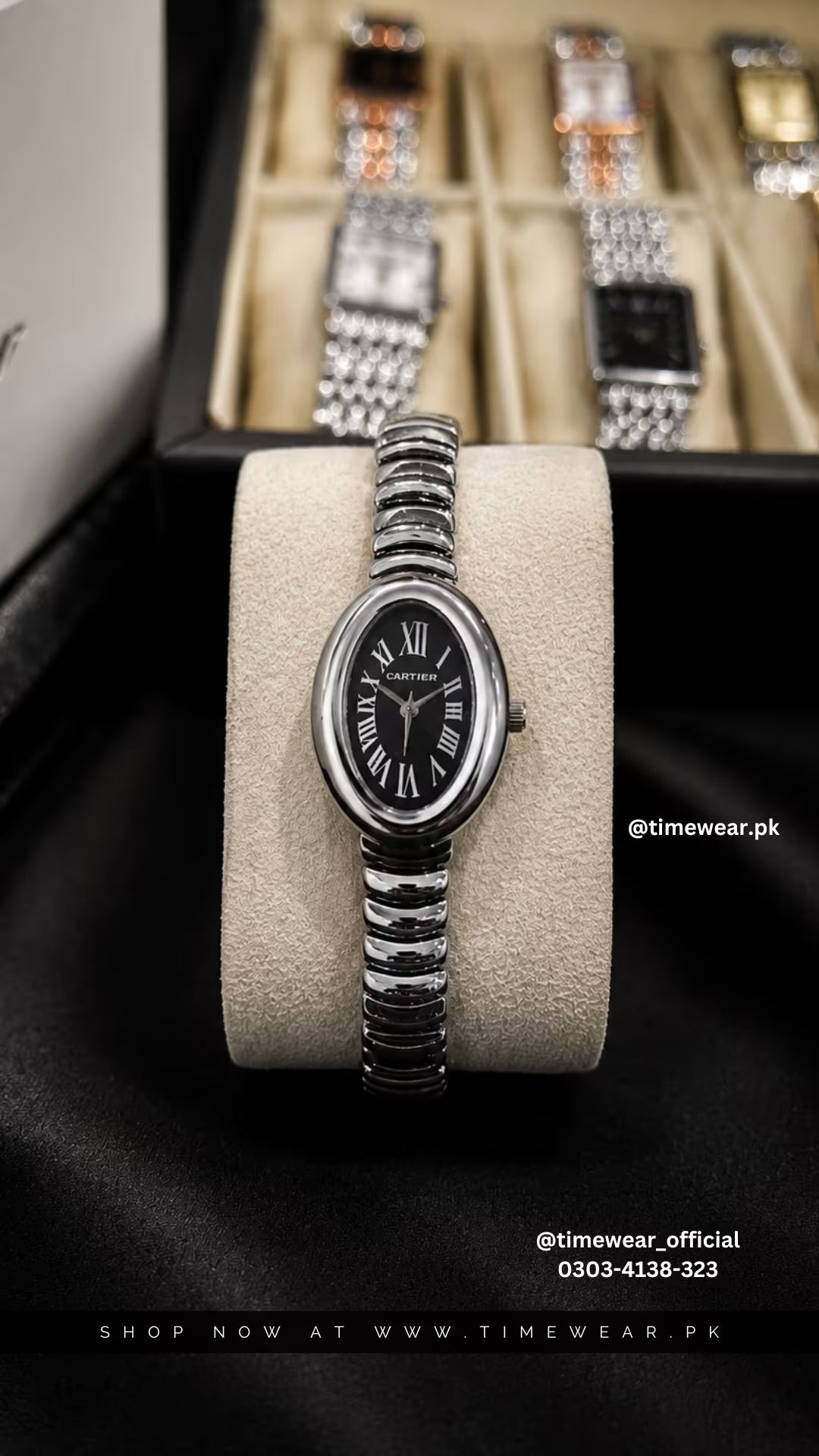 Cartier Oval Silver Chain Black Dial with Cartier Box & One Year Warranty