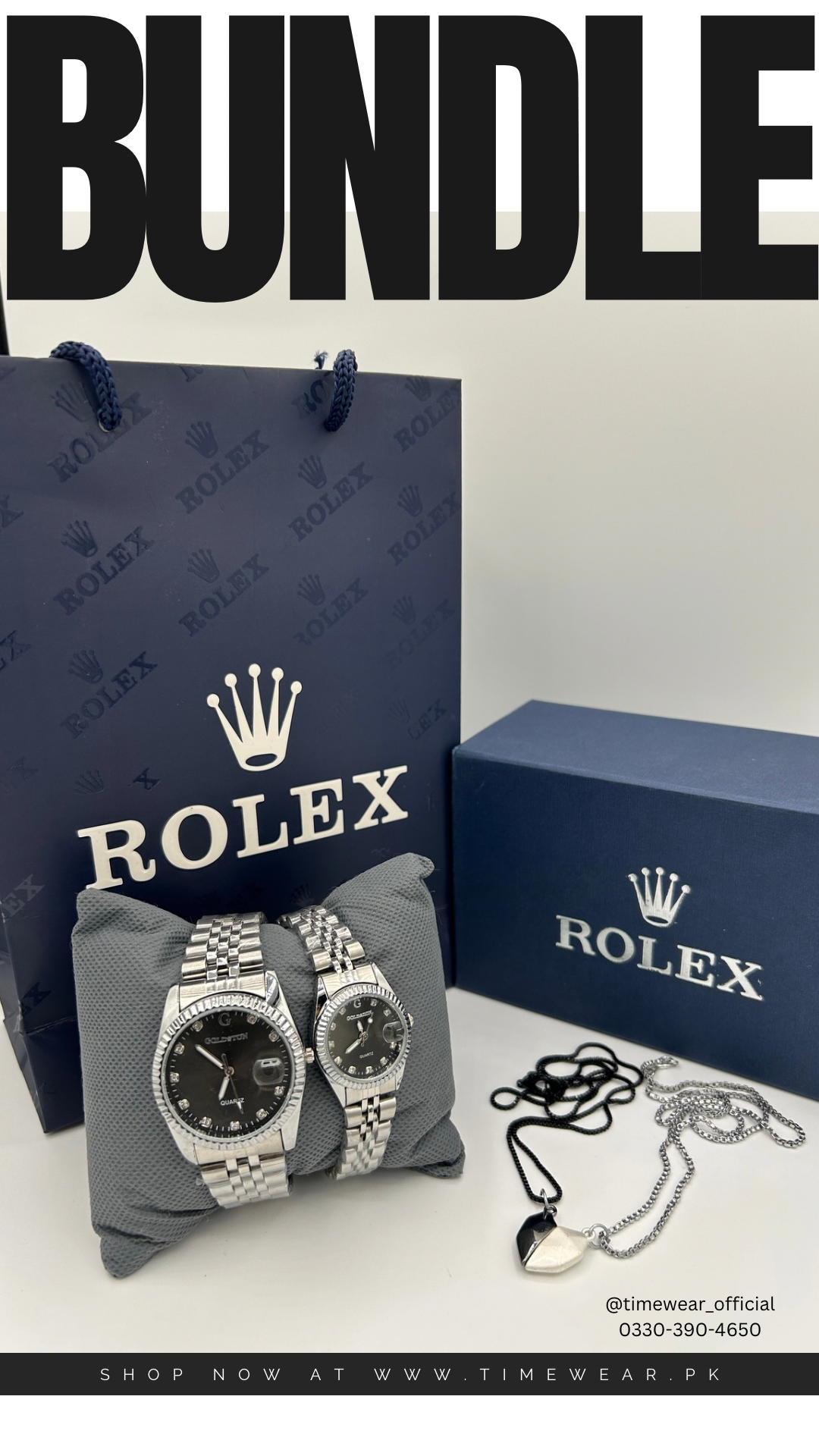 Bundle Offer | Couple Chain Watch + Magnetic Heart Necklace - Premium Rolex Box