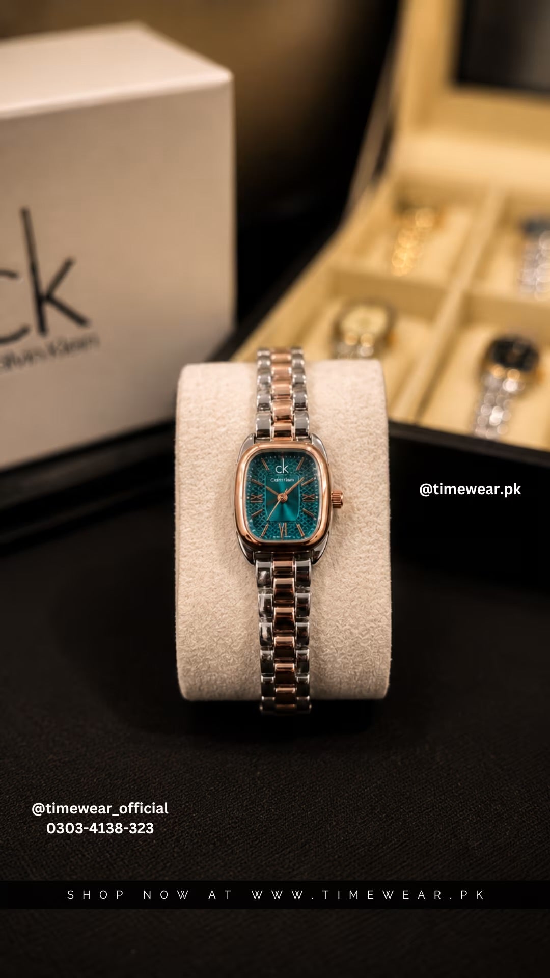 Calvin Klein Square Two Tone Copper Chain Green Dial with CK Box & One Year Warranty