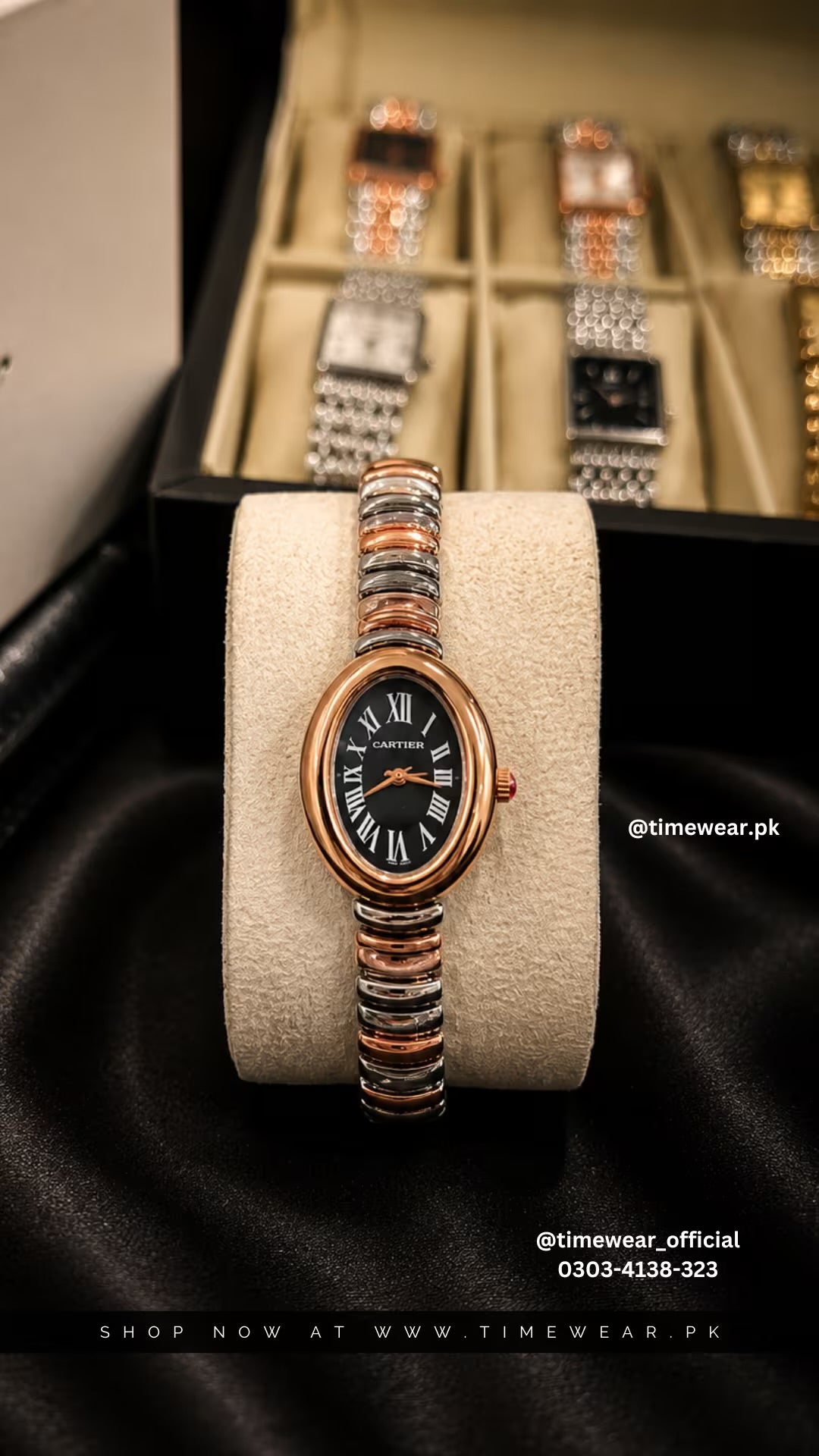Cartier Oval Two Tone Copper Chain Black Dial with Cartier Box & One Year Warranty