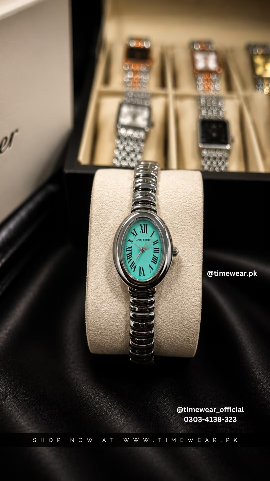 Cartier Oval Silver Chain Tiffany Dial with Cartier Box & One Year Warranty