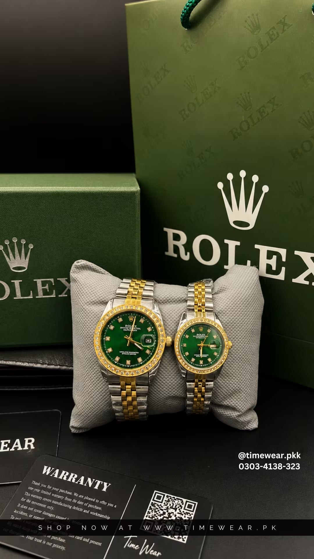 Rolex Couple Stone Date NW (TT-Green) With Free Couple Necklace - Premium Rolex Box & One Year Warranty