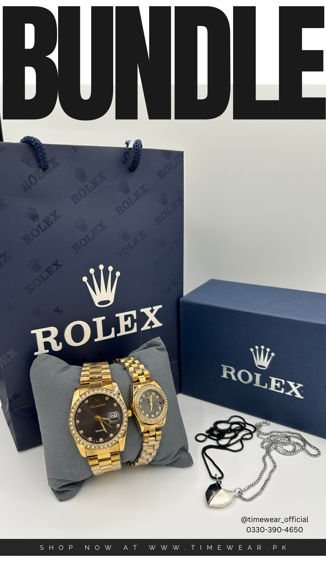 Bundle Offer | Couple Chain Watch + Magnetic Heart Necklace - Premium Rolex Box