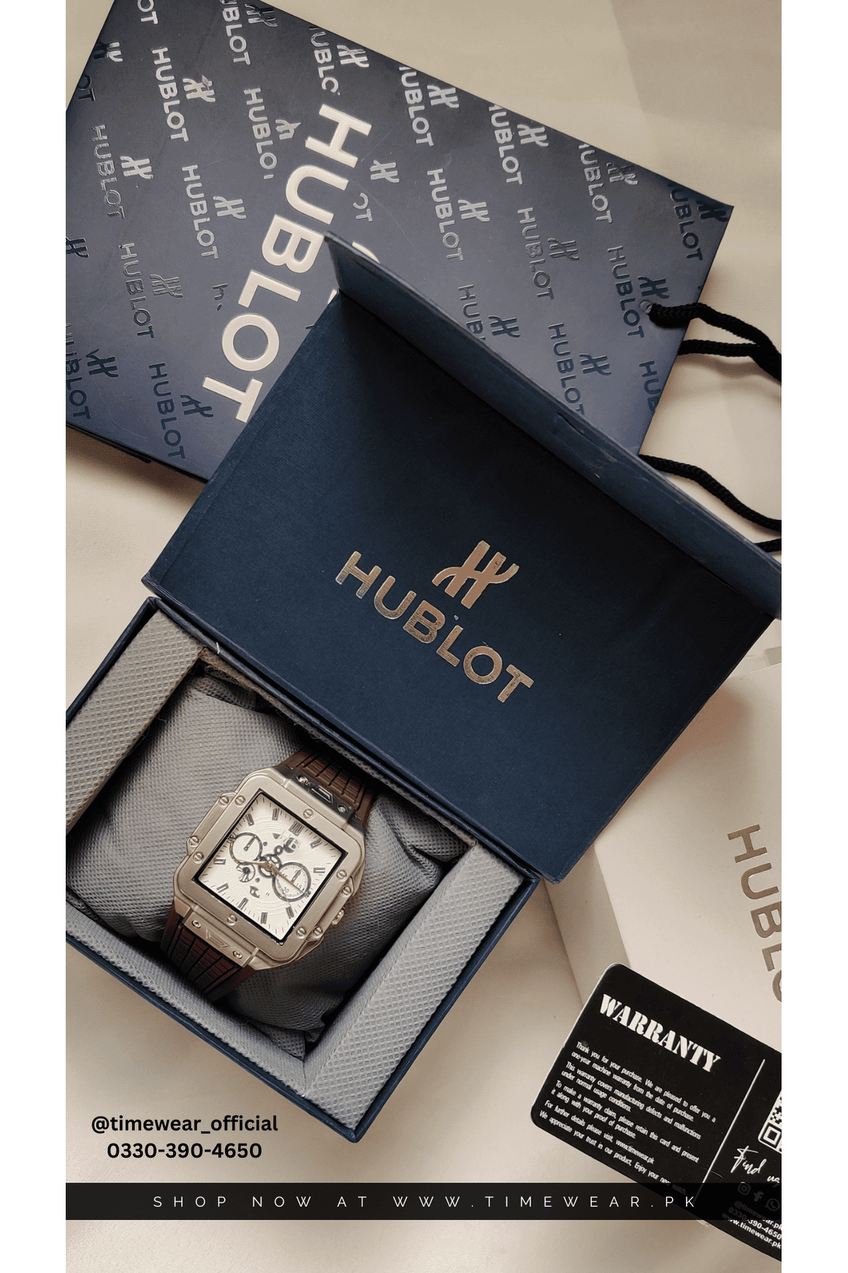 Hublot Square Brown Strap White Dial  Adjustable Master Lock with Hublot Box