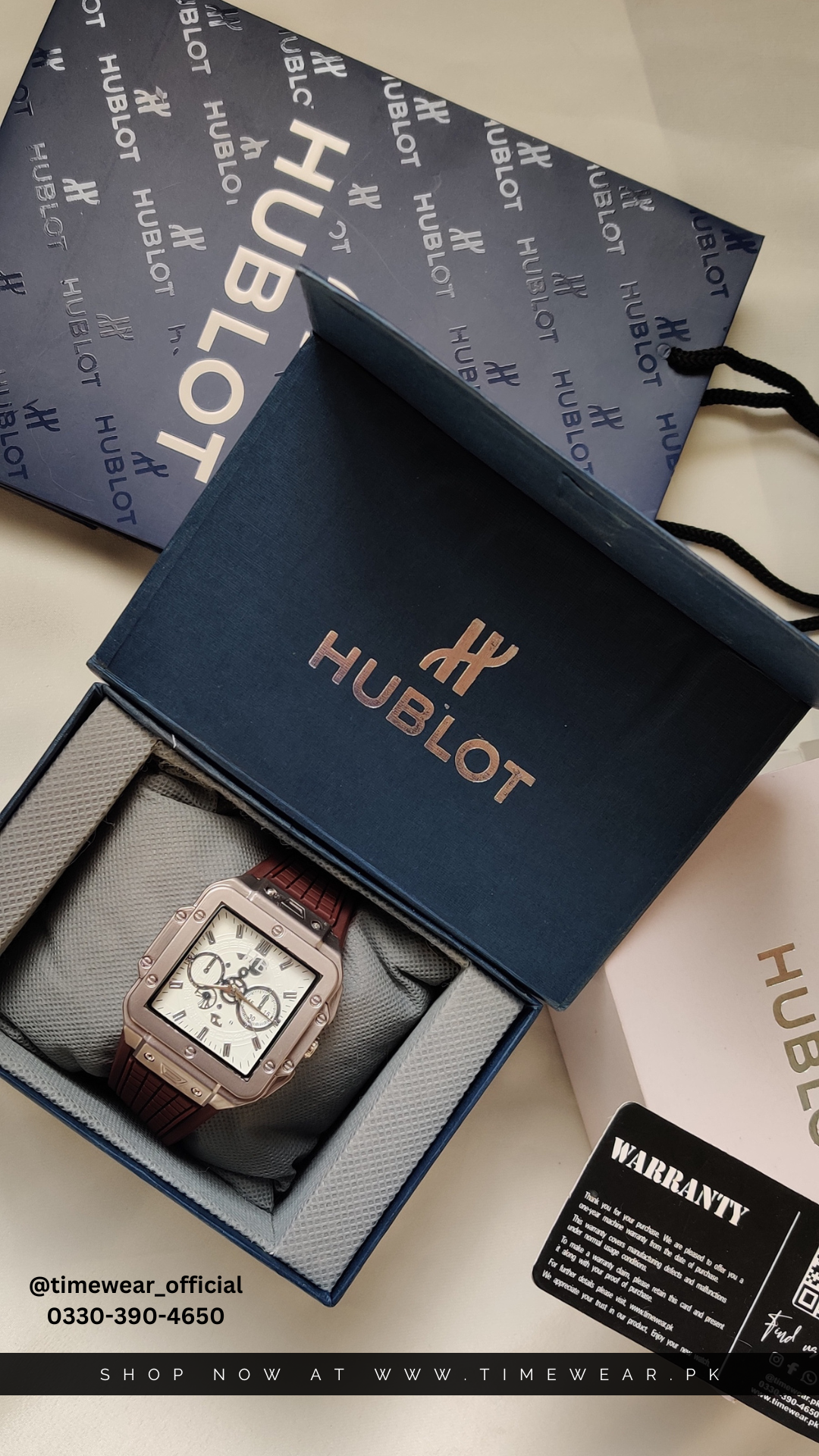 Hublot Square Brown Strap White Dial  Adjustable Master Lock with Hublot Box