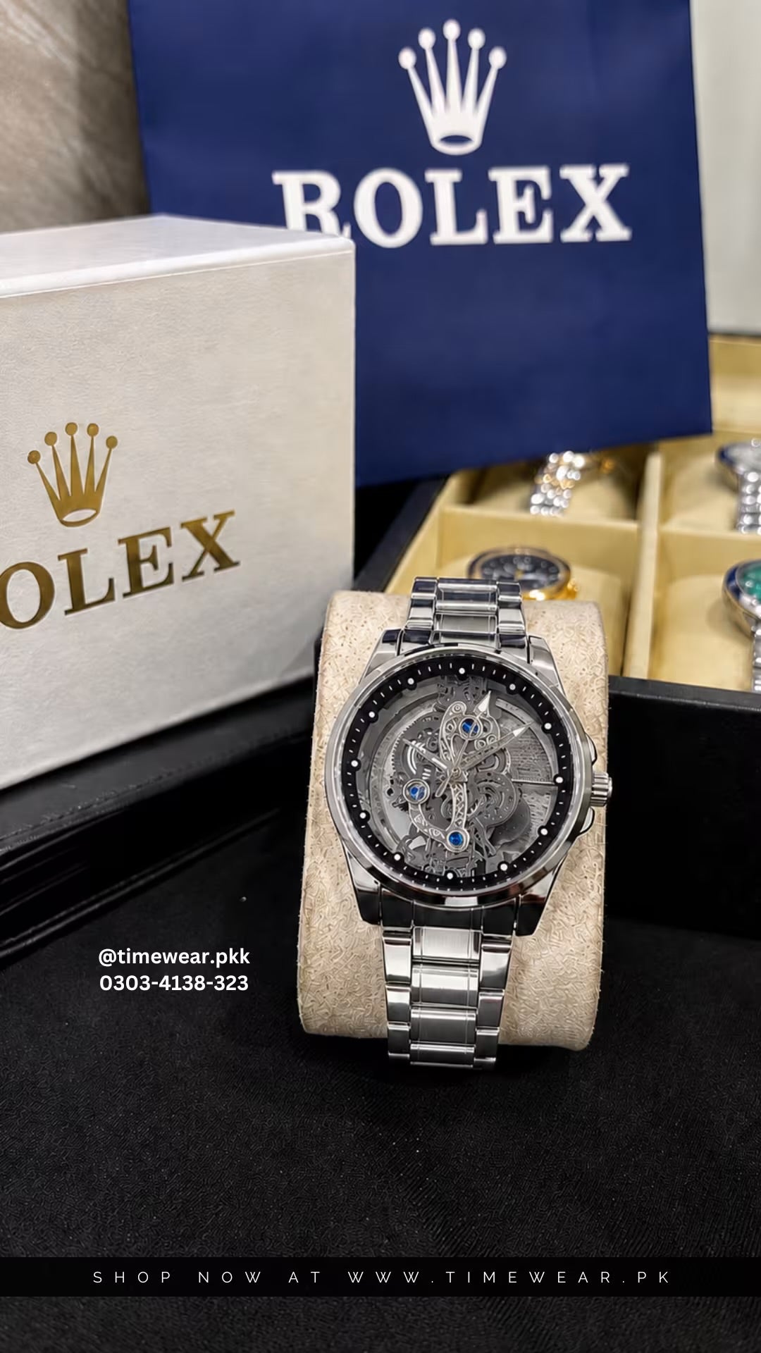 Rolex Gents Skeleton Silver Black with Rolex Box & One Year Warranty