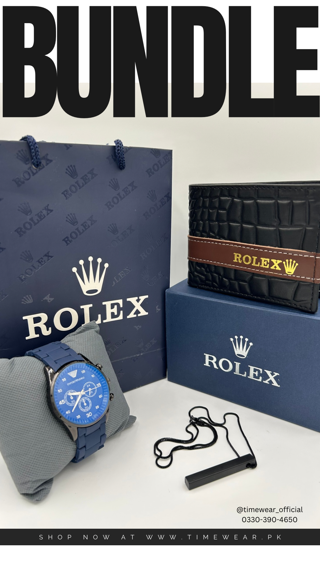 Blue Armani + Silver Bar Locket + Wallet + Rolex Box & Bag (Bundle Offer)