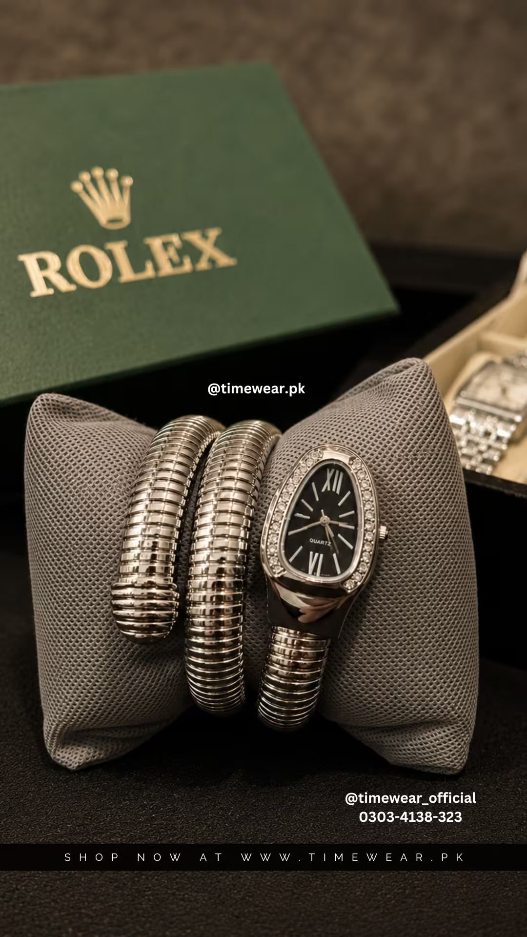 Rolex Snake Chain Ladies Watch Silver Black with Rolex Box & One Year Warranty m