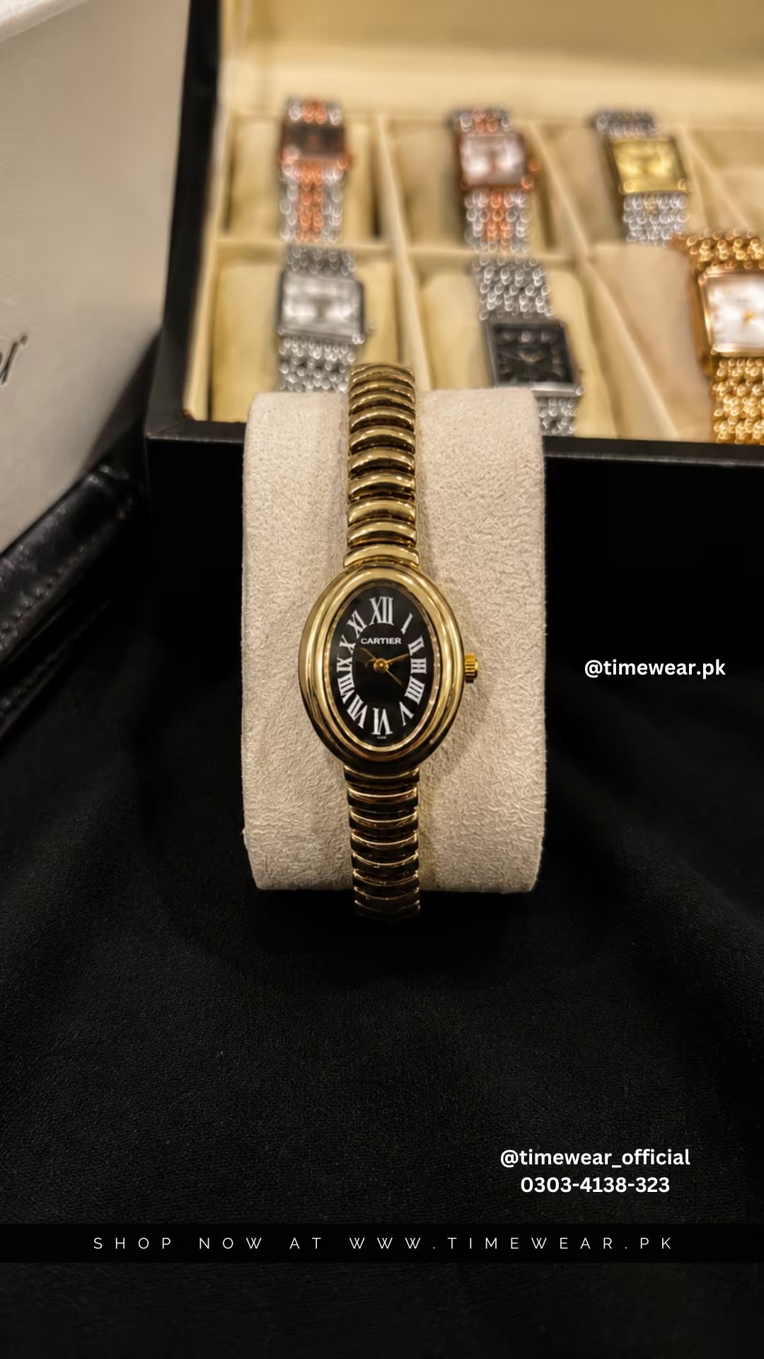 Cartier Oval Golden Chain Black Dial with Cartier Box & One Year Warranty