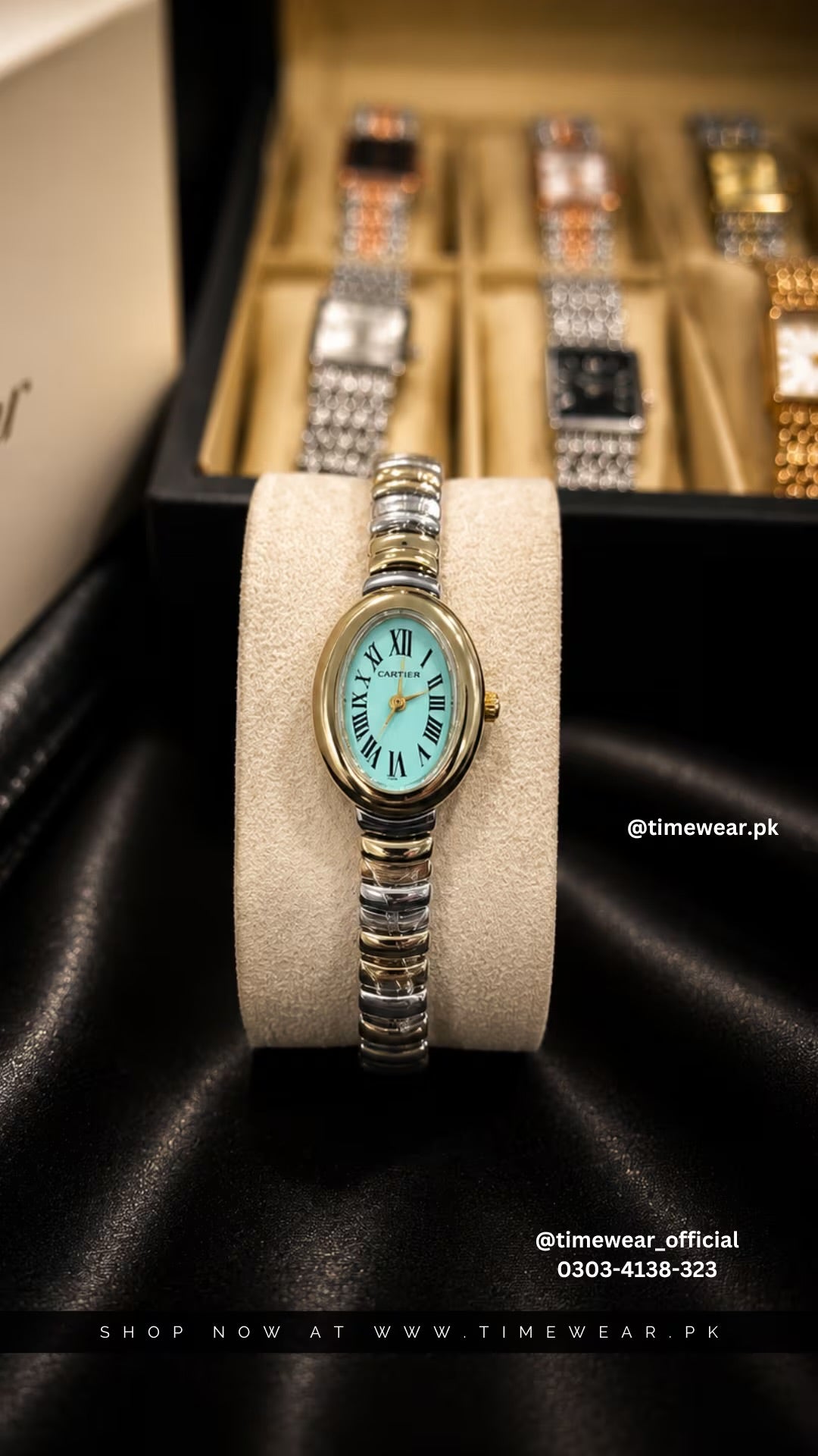 Cartier Oval Two Tone Golden Chain Tiffany Dial with Cartier Box & One Year Warranty