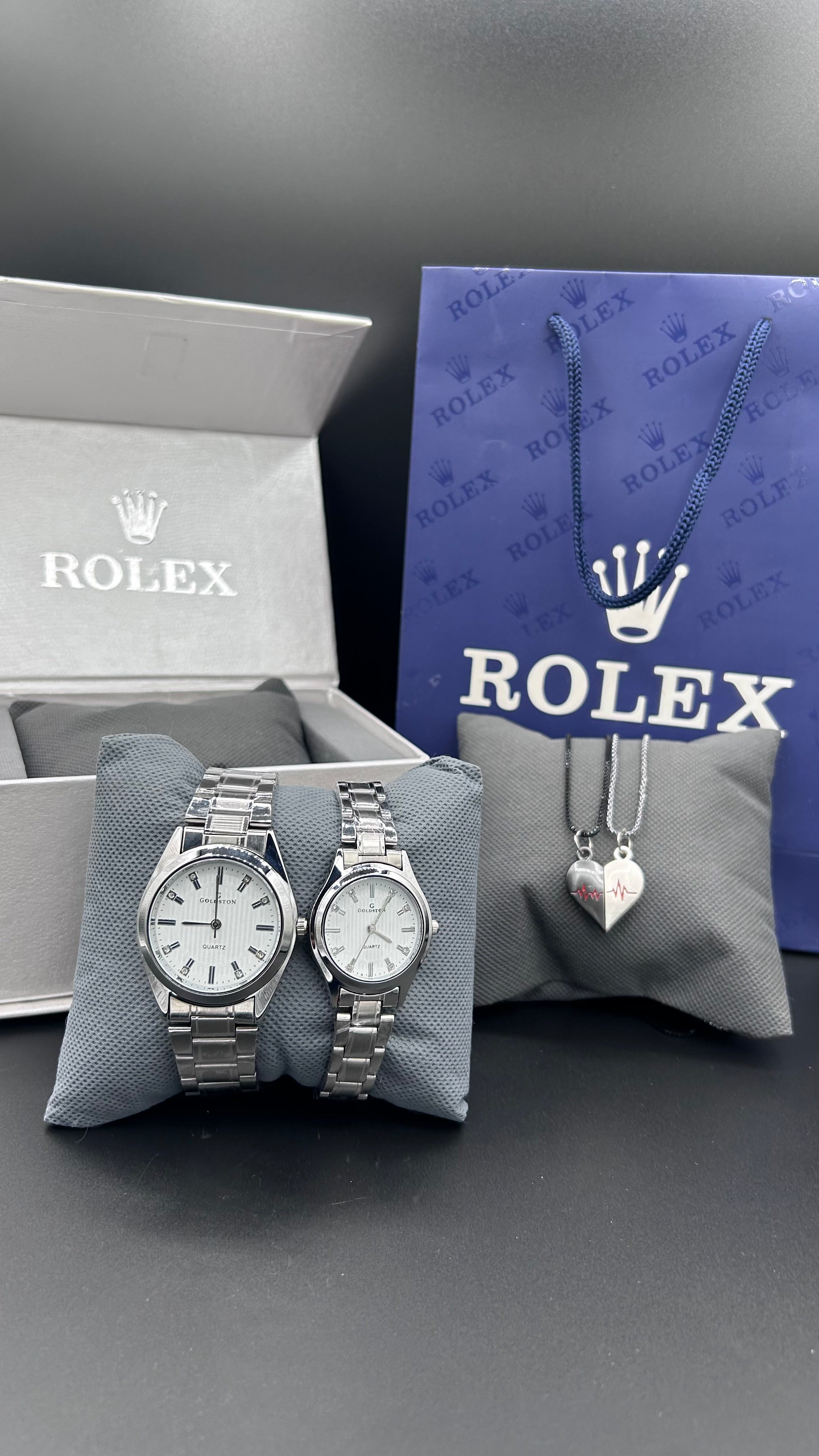 Bundle Offer | Couple Chain Watch Slim SS + Magnetic Heart Necklace - Premium Rolex Box
