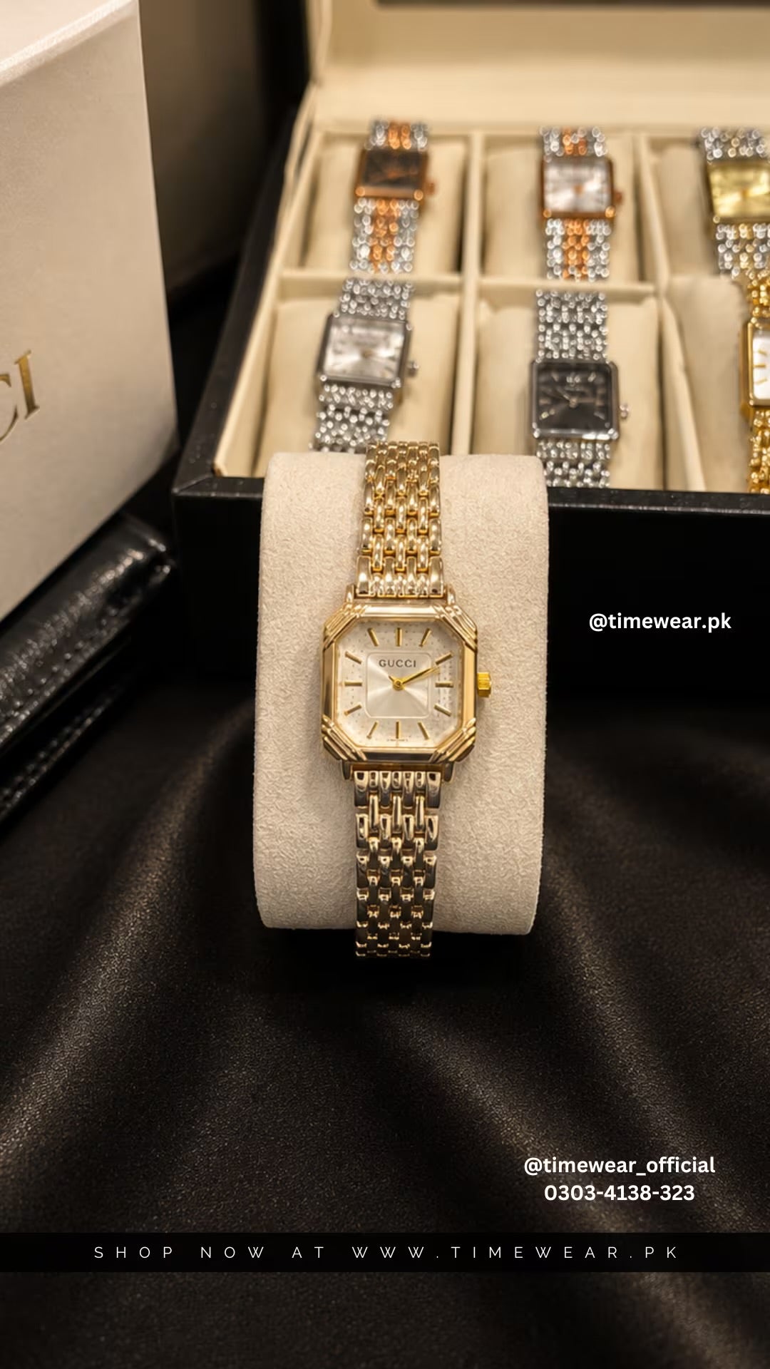 Gucci Square Golden Chain Golden Dial with Gucci Box & One Year Warranty