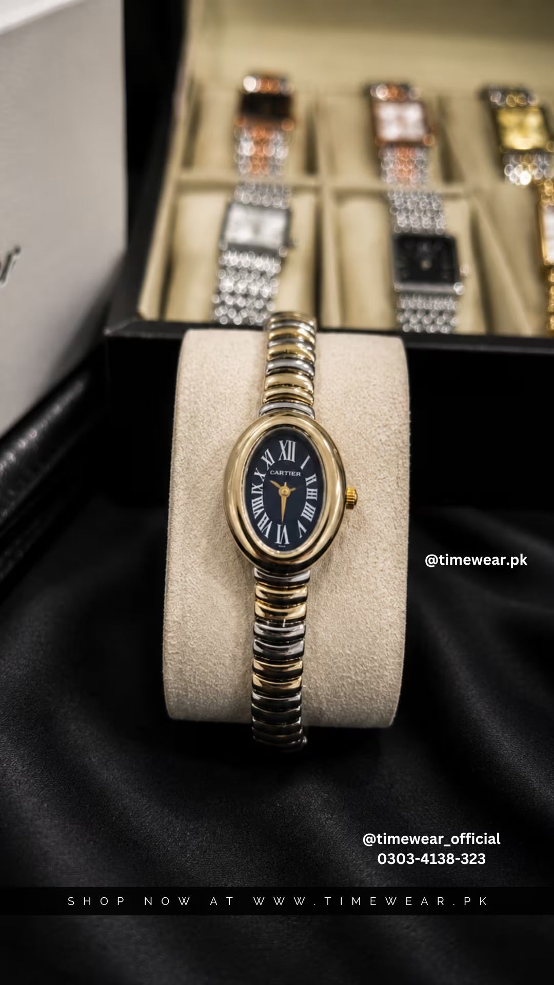 Cartier Oval Two Tone Golden Chain Black Dial with Cartier Box & One Year Warranty