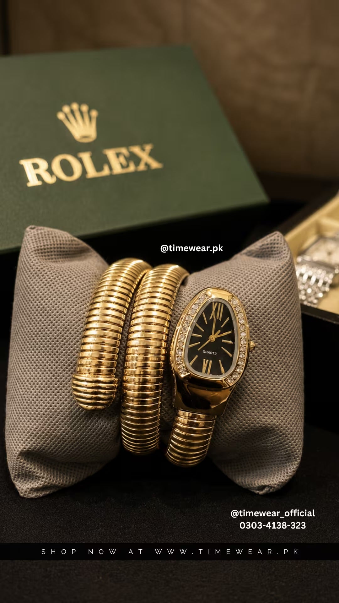 Rolex Snake Chain Ladies Watch Golden Black with Rolex Box & One Year Warranty