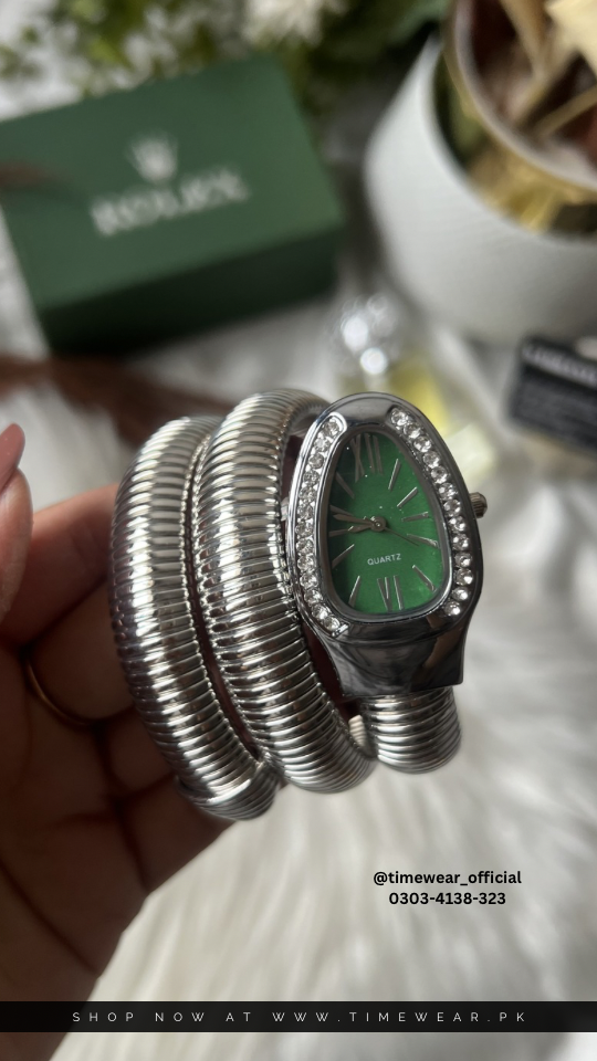 Rolex Snake Chain Ladies Watch Silver Green with Rolex Box & One Year Warranty