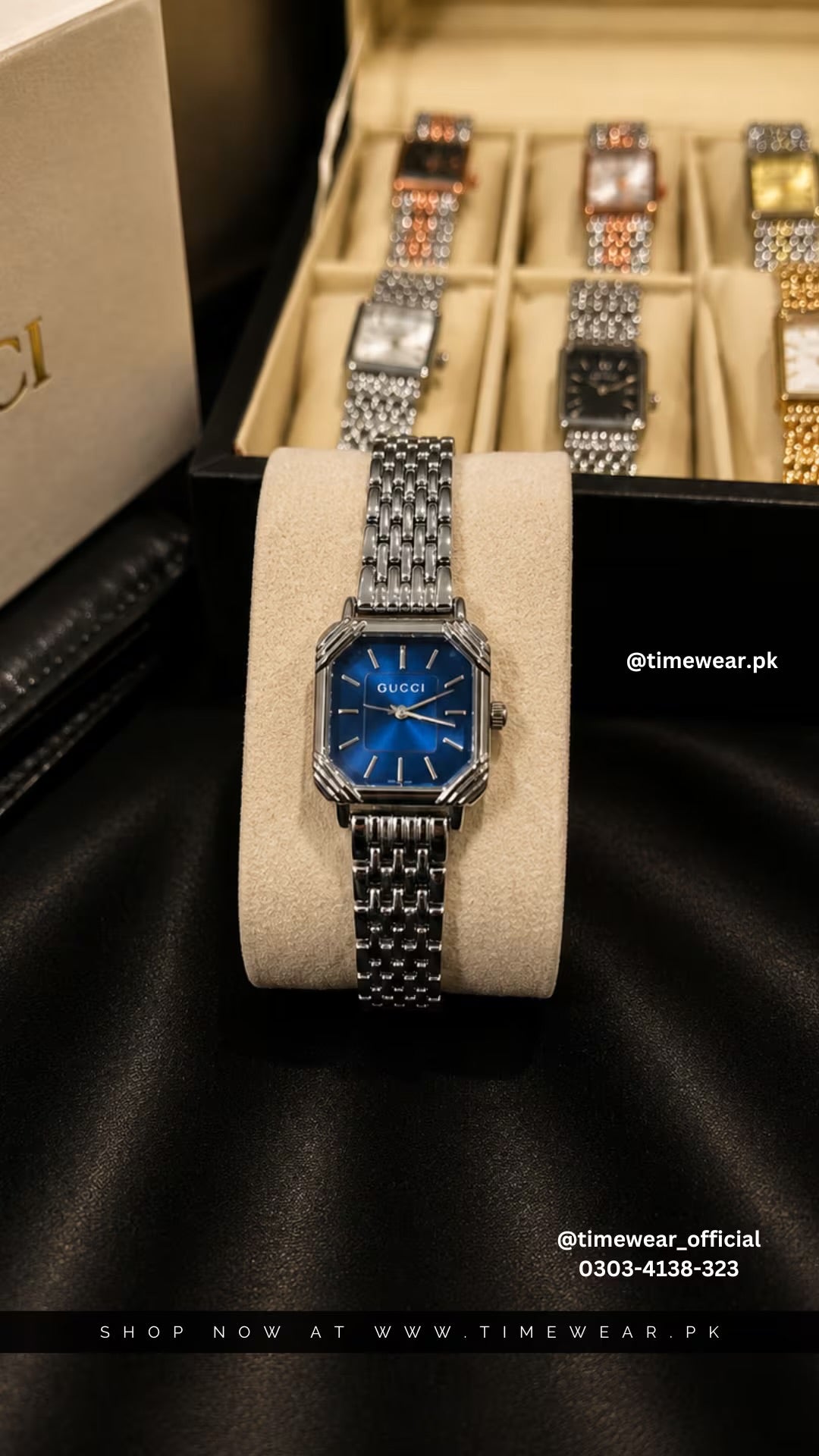 Gucci Square Silver Chain Blue Dial with Gucci Box & One Year Warranty
