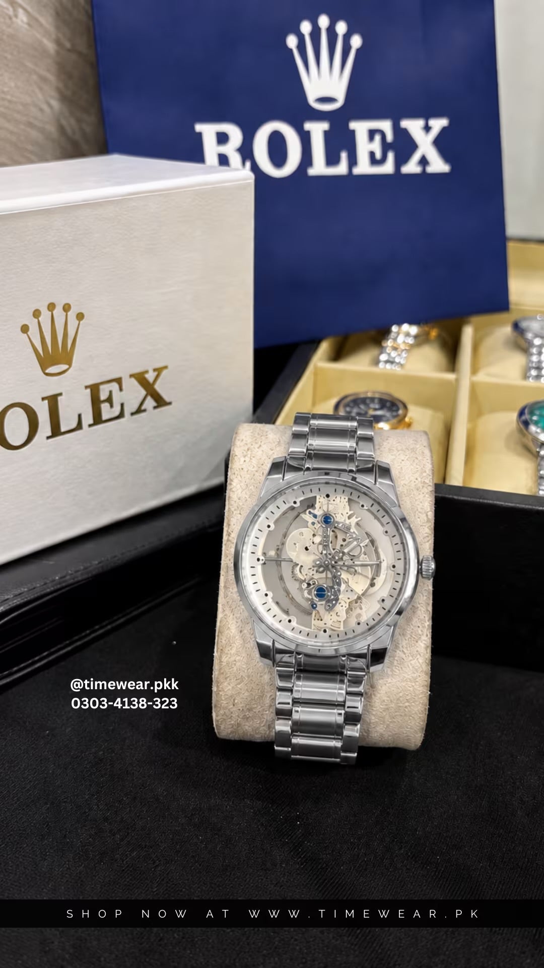 Rolex Gents Skeleton Silver White with Rolex Box & One Year Warranty