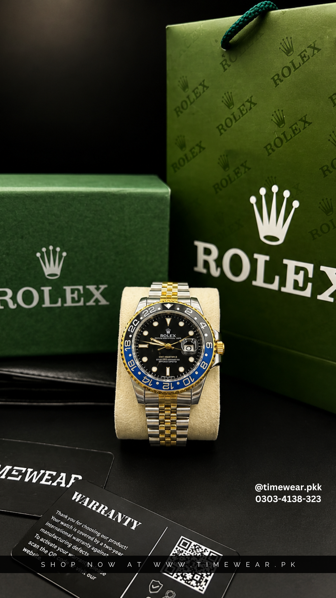 Rolex Gents GMT  (Two tone Chain Blue Black Dial) Premium Rolex Box & One Year Warranty