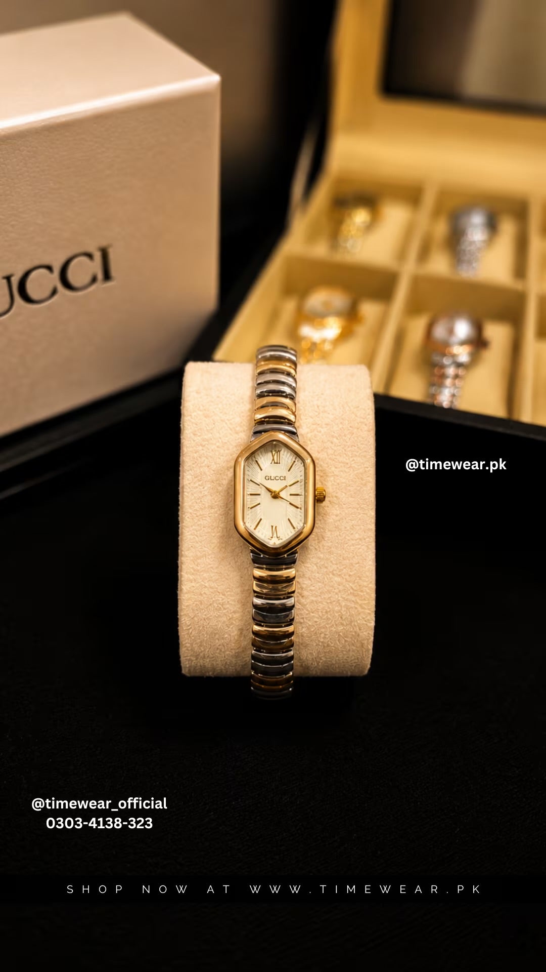 Gucci Ladies Two Tone Chain Golden Golden Dial with Gucci Box & One Year Warranty