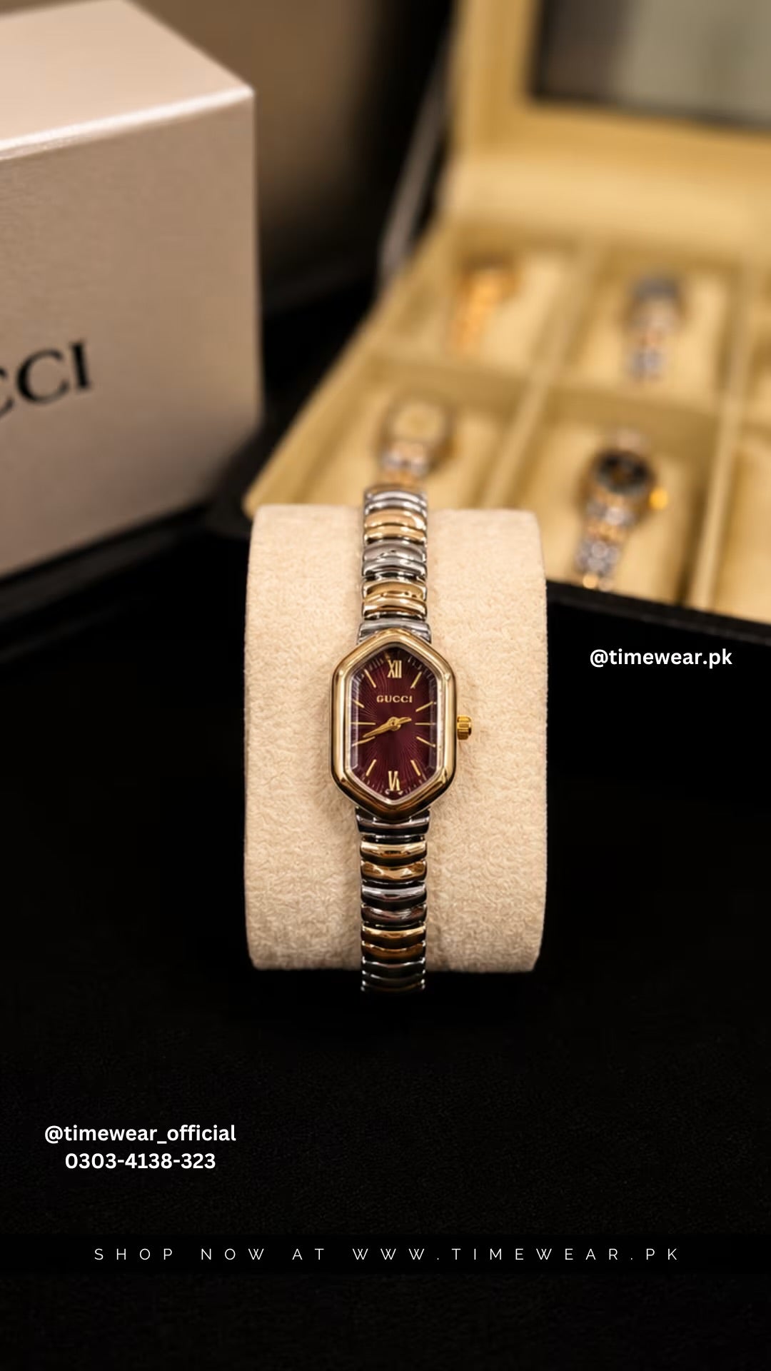 Gucci Ladies Two Tone Chain Golden Red Dial with Gucci Box & One Year Warranty
