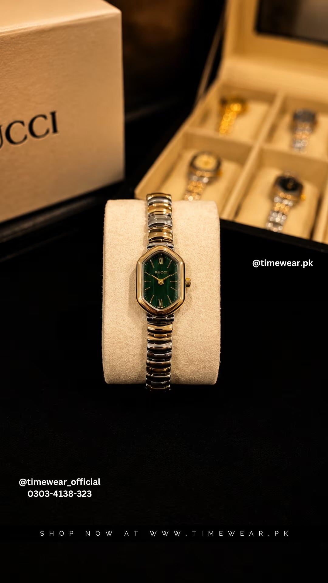Gucci Ladies Two Tone Chain Golden Green Dial with Gucci Box & One Year Warranty