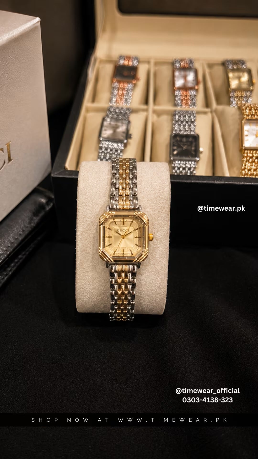 Gucci Square Two Tone Golden Chain Golden Dial with Gucci Box & One Year Warranty