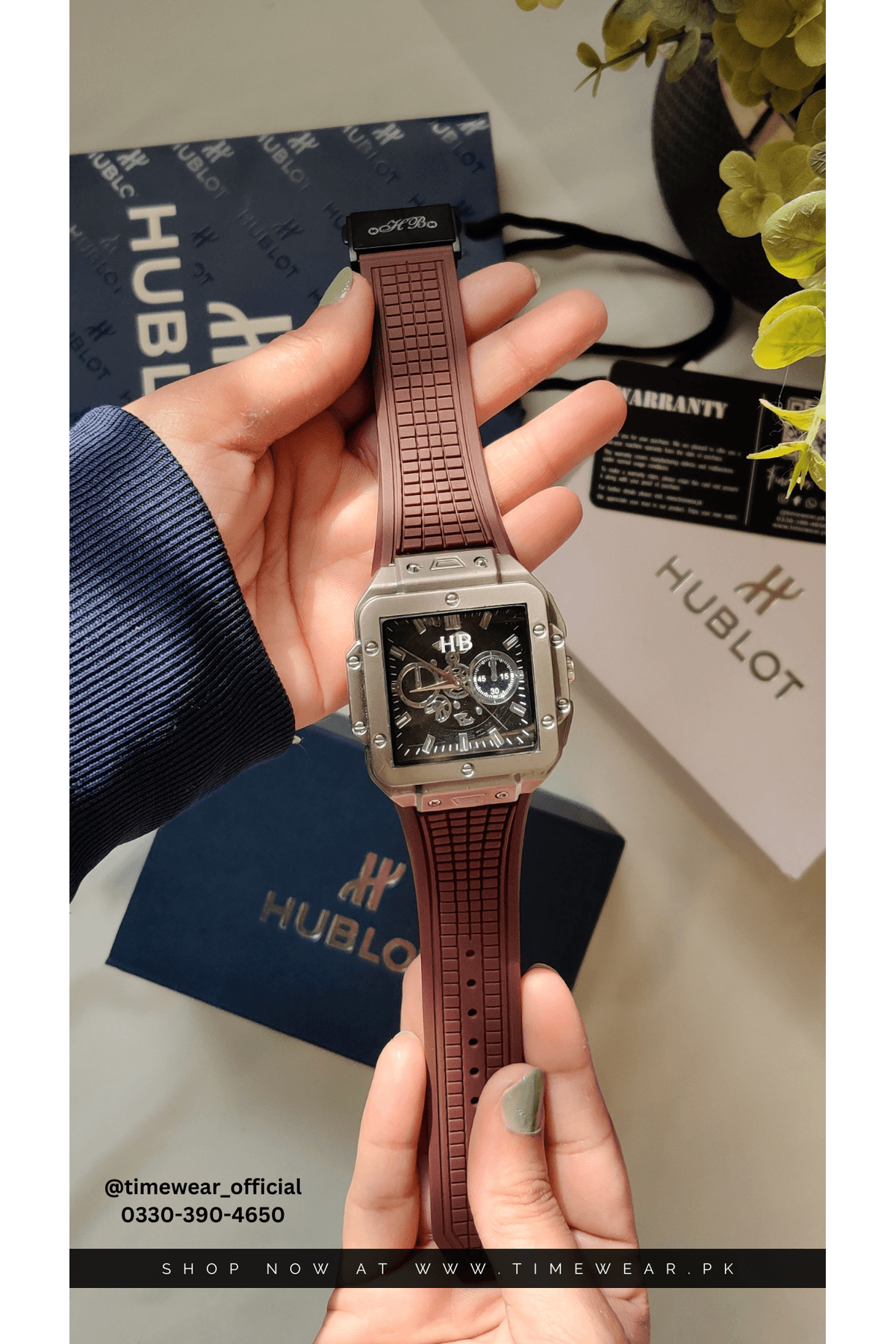 Hublot Square Brown Strap Black Dial Adjustable Master Lock with Hublot Box