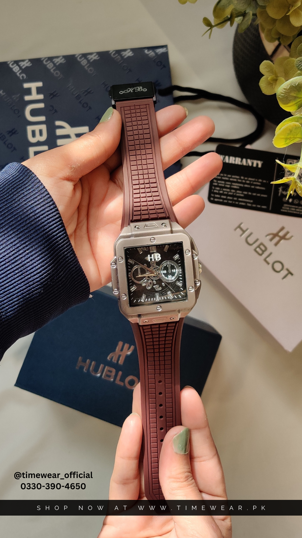 Hublot Square Brown Strap Black Dial Adjustable Master Lock with Hublot Box