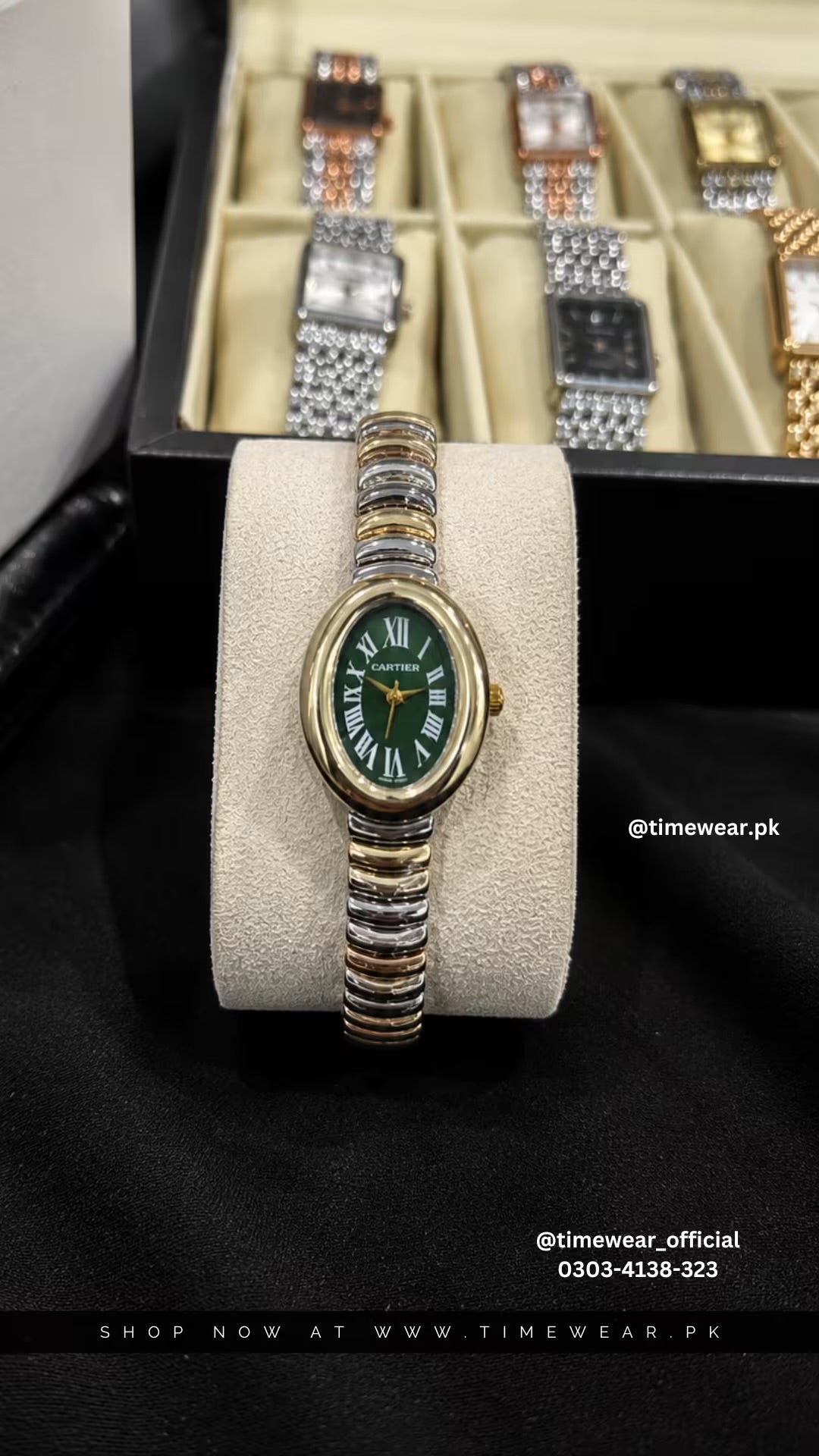 Cartier Oval Two Tone Golden Chain Green Dial with Cartier Box & One Year Warranty