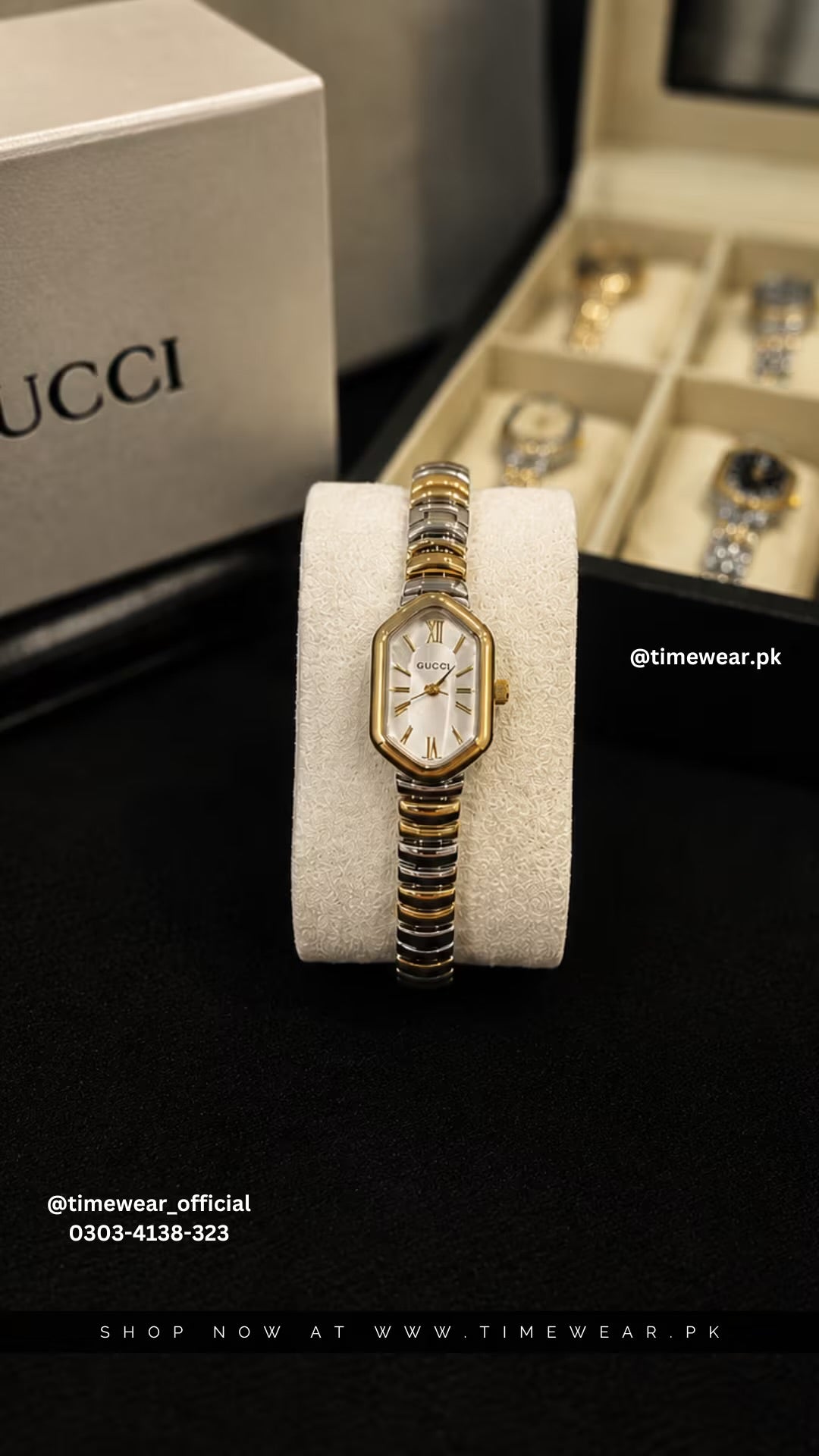 Gucci Ladies Two Tone Chain Golden White Dial with Gucci Box & One Year Warranty