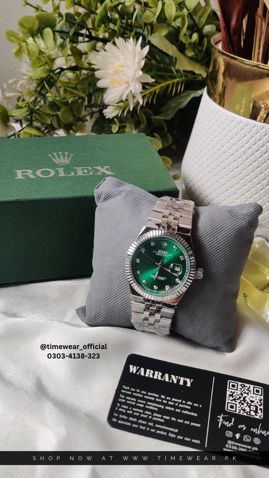 Rolex Gents Kan Silver Green with Rolex Box & One Year Warranty