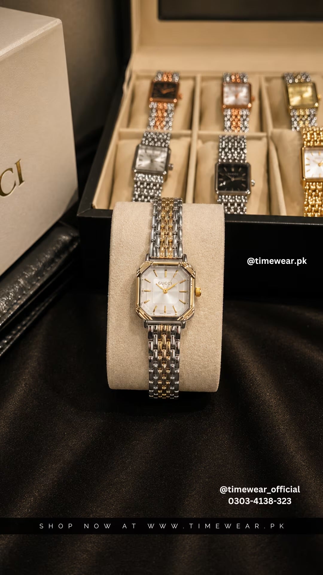 Gucci Square Two Tone Golden Chain White Dial with Gucci Box & One Year Warranty