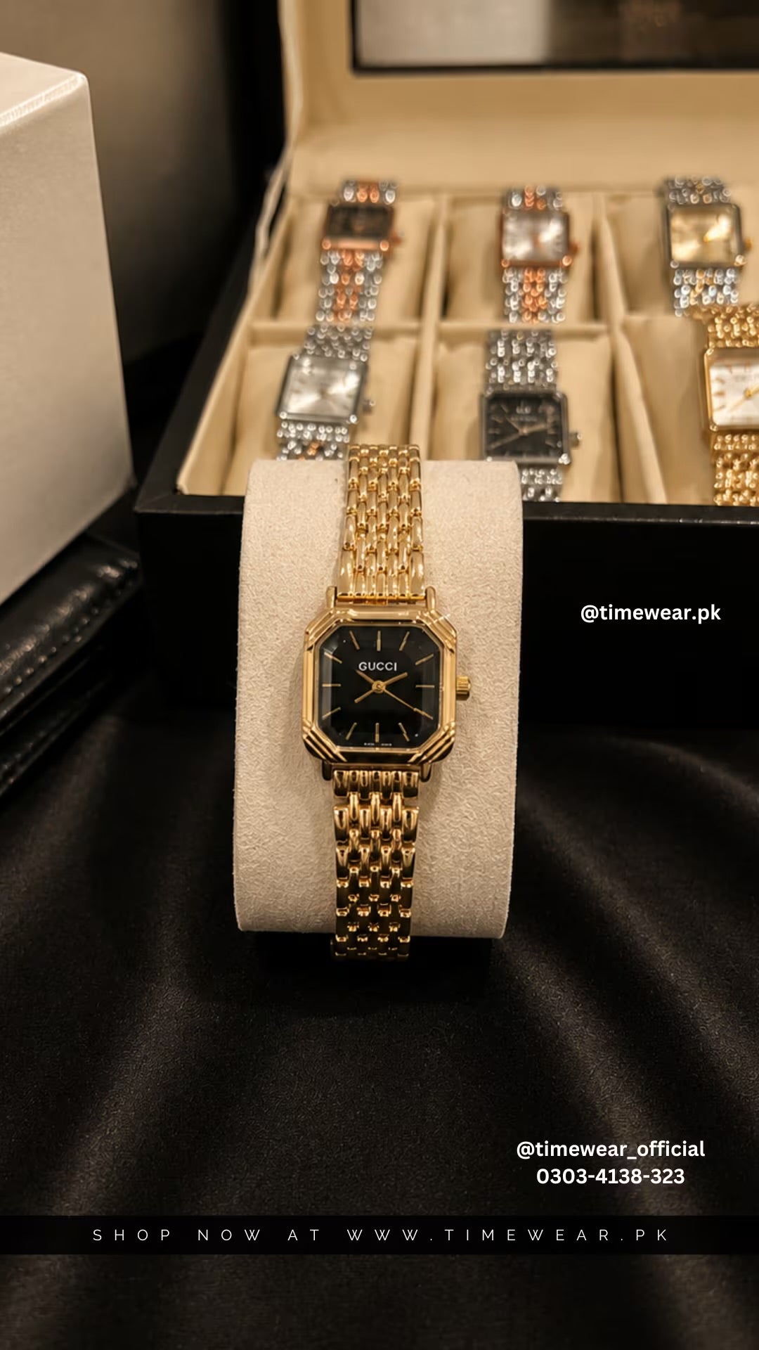 Gucci Square Golden Chain Black Dial with Gucci Box & One Year Warranty
