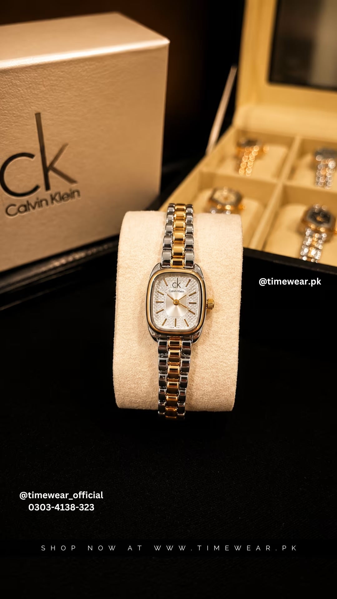 Calvin Klein Square Two Tone Golden Chain White Dial with CK Box & One Year Warranty