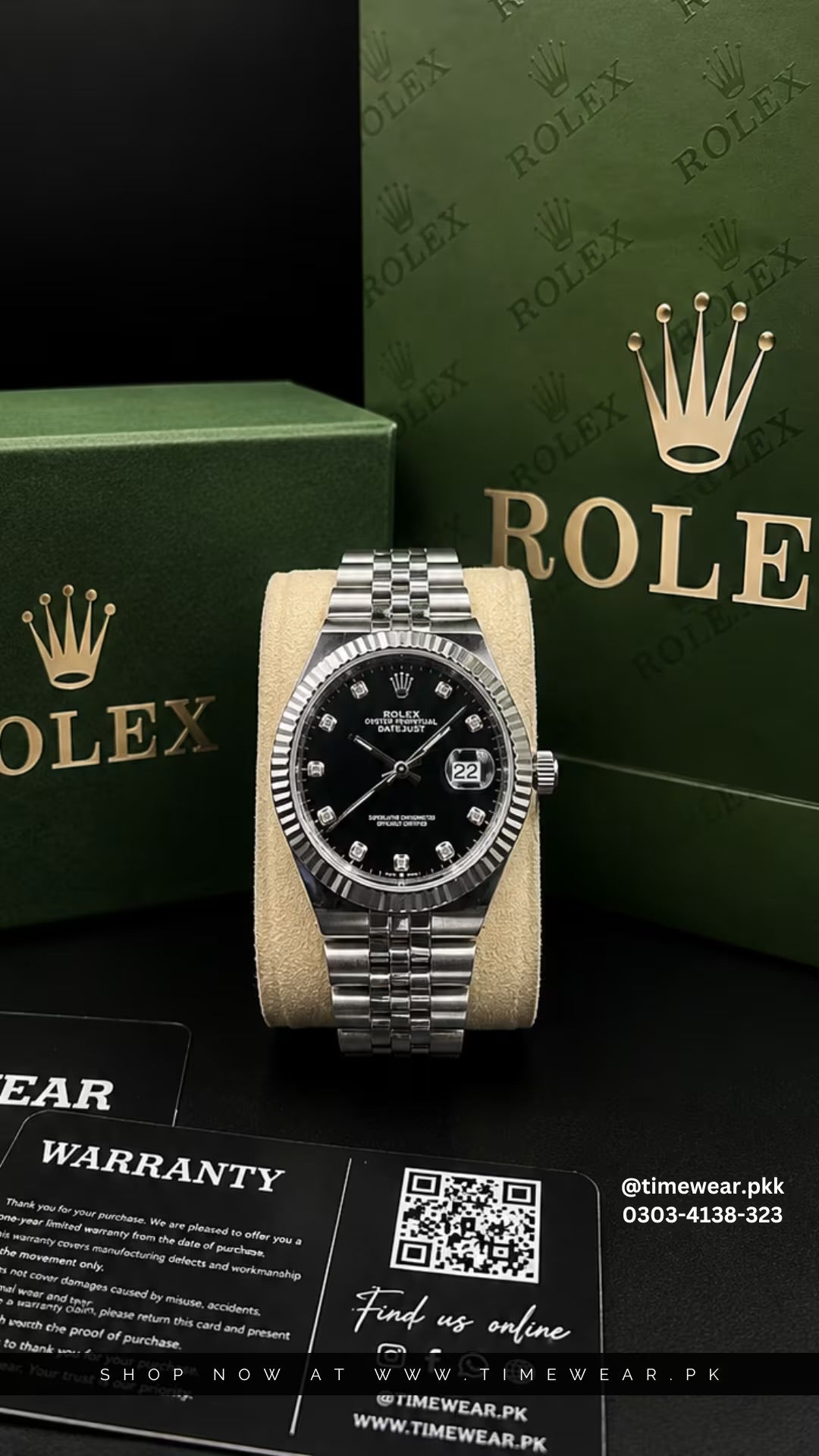 Rolex Gents Kan Silver Black with Rolex Box & One Year Warranty