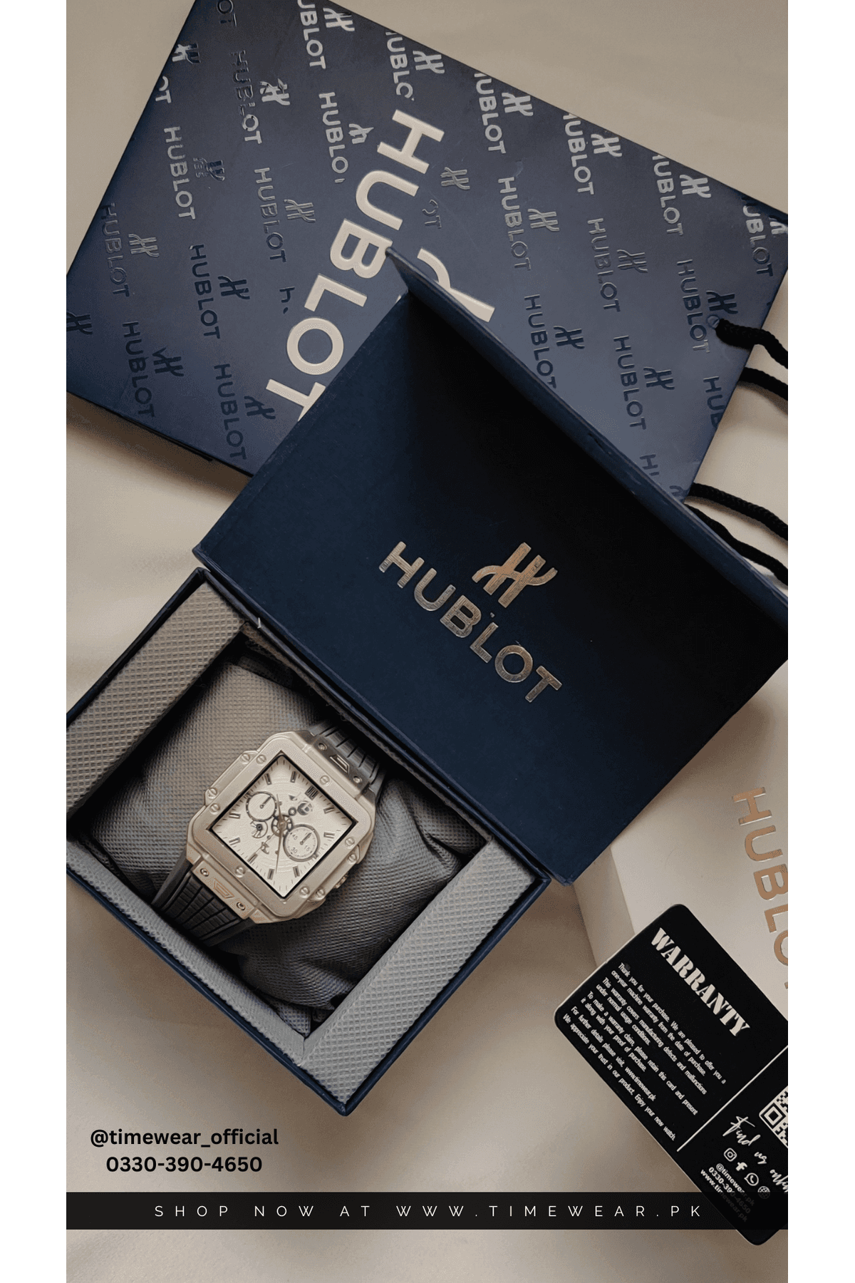 Hublot Square Gray Strap White Dial Adjustable Master Lock with Hublot Box