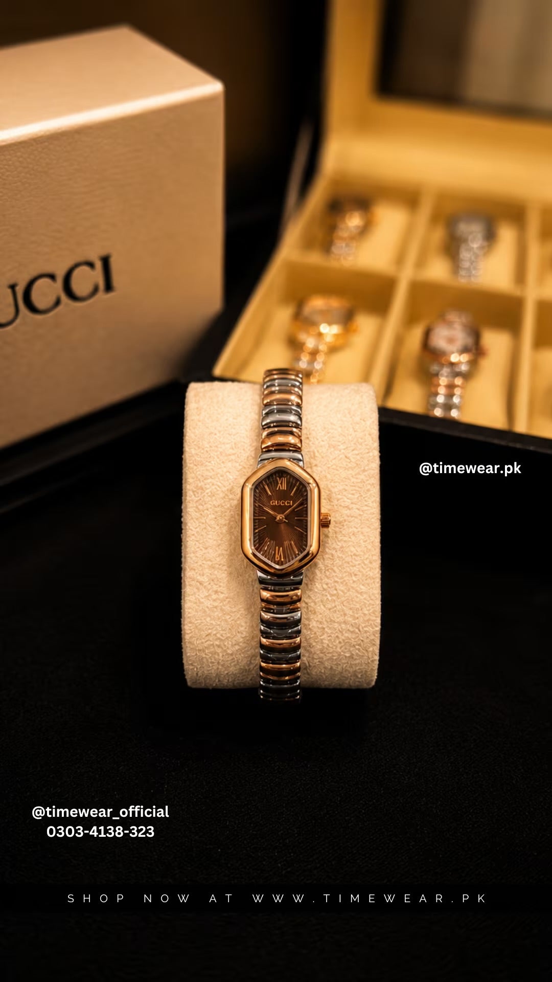 Gucci Ladies Two Tone Copper Chain Red Dial with Gucci Box & One Year Warranty