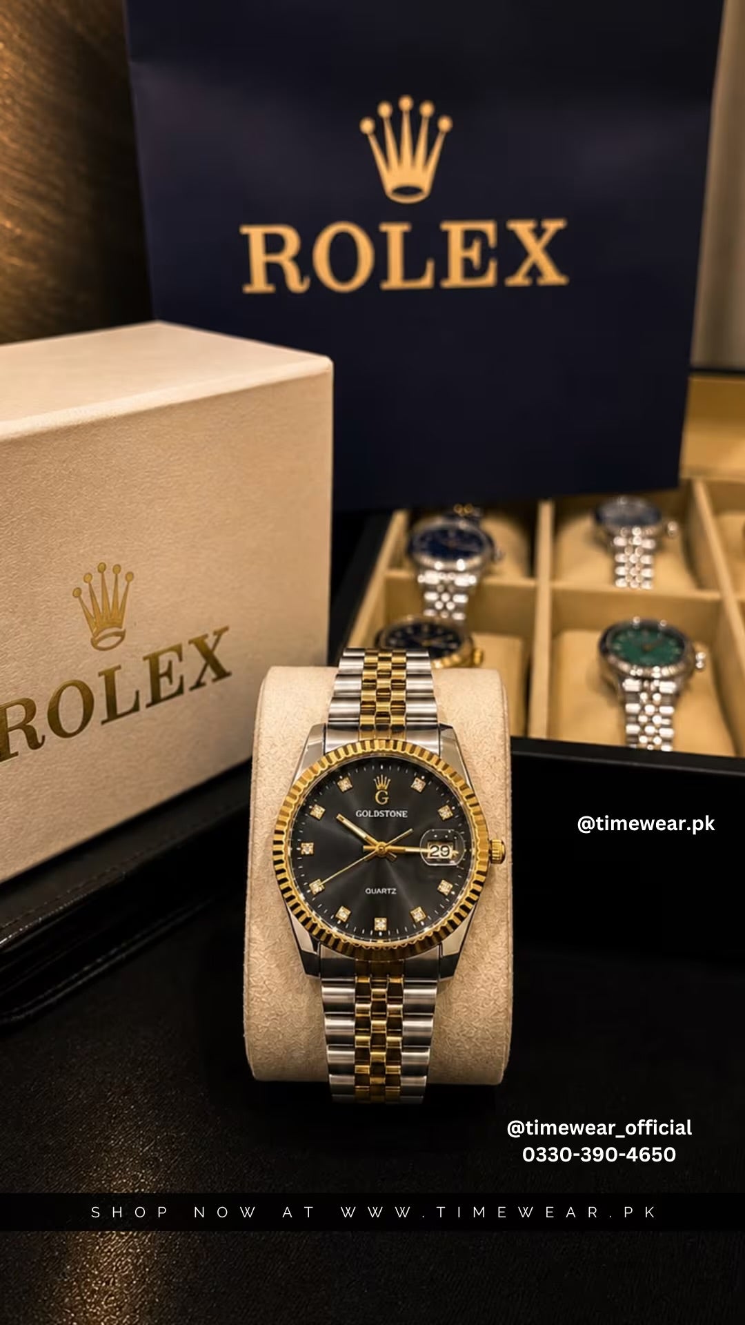 Goldstone Date Golden Black with Rolex Box & One Year Warranty