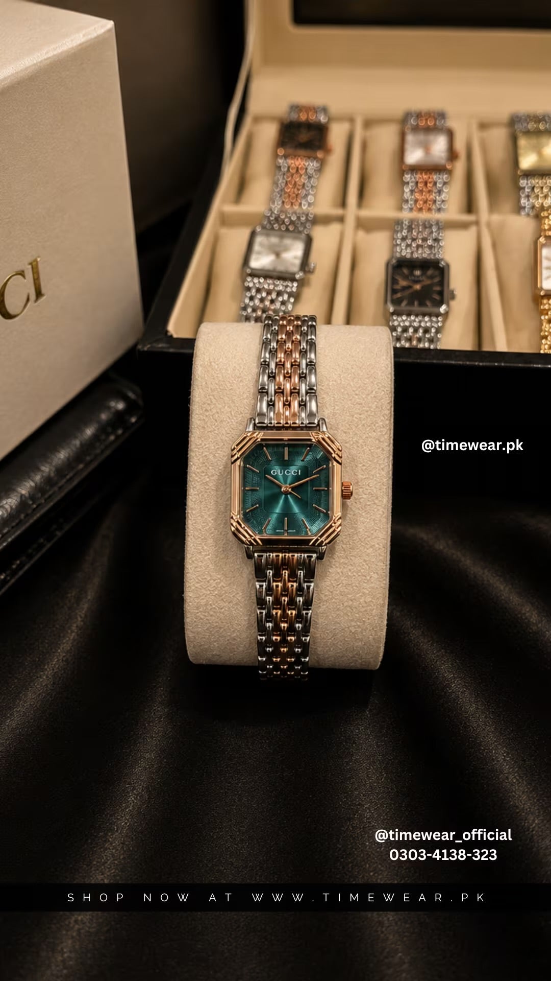 Gucci Square Two Tone Copper Chain Green Dial with Gucci Box & One Year Warranty