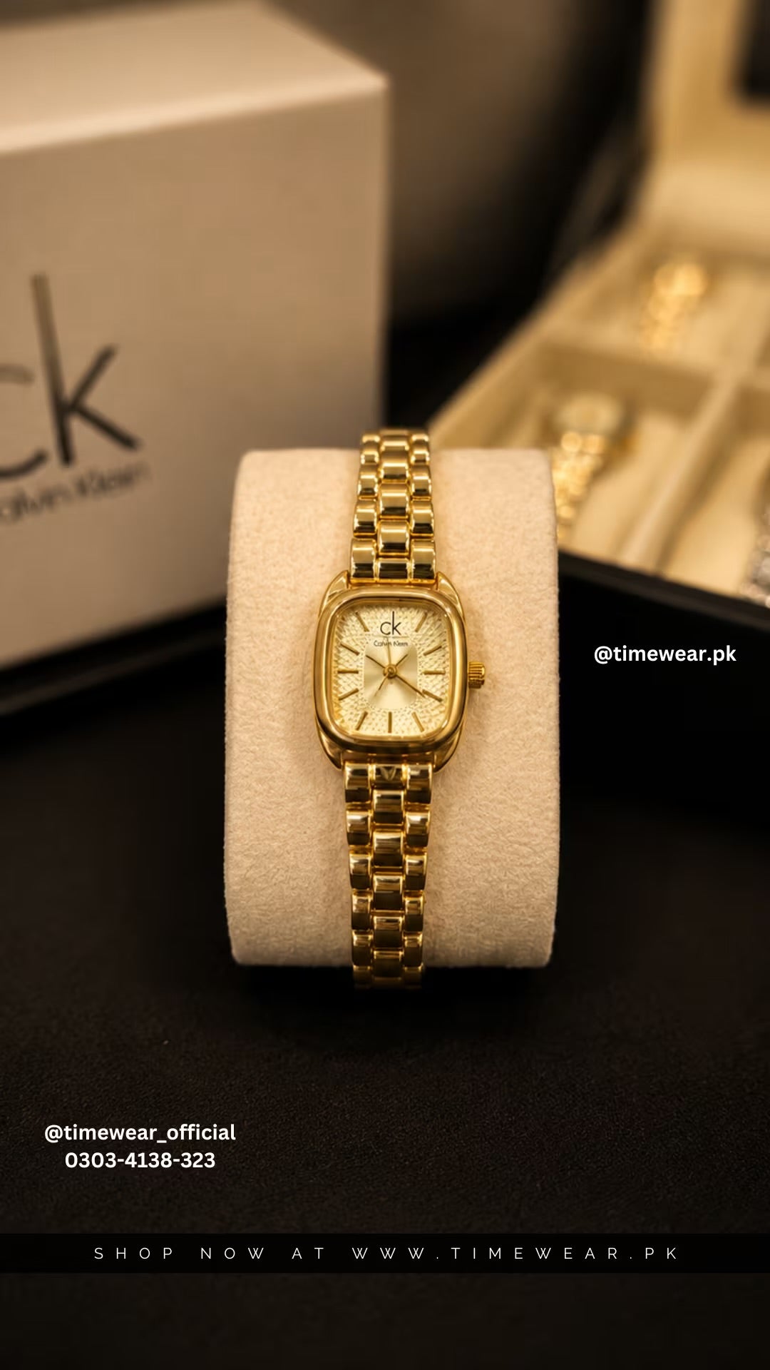 Calvin Klein Square Golden Chain Golden Dial with CK Box & One Year Warranty