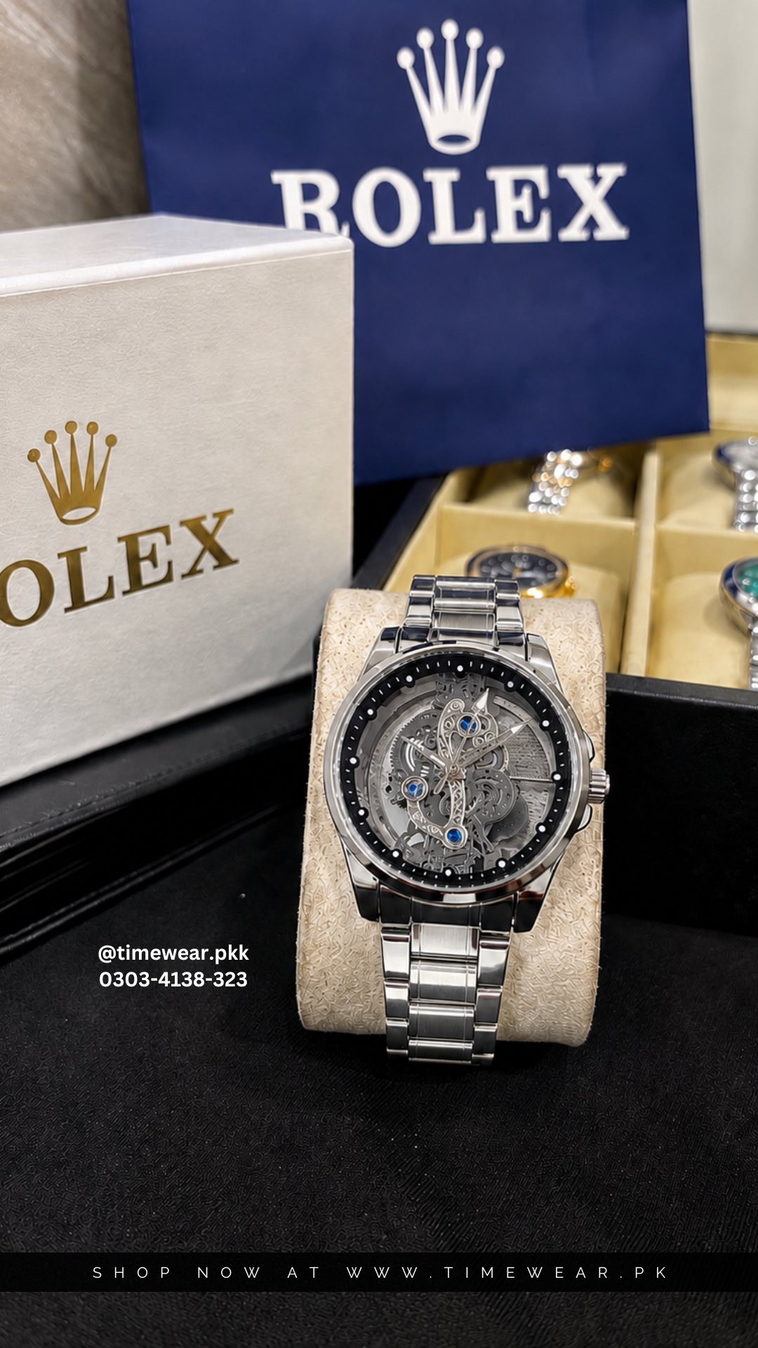 Rolex Gents Skeleton Silver Black with Rolex Box & One Year Warranty