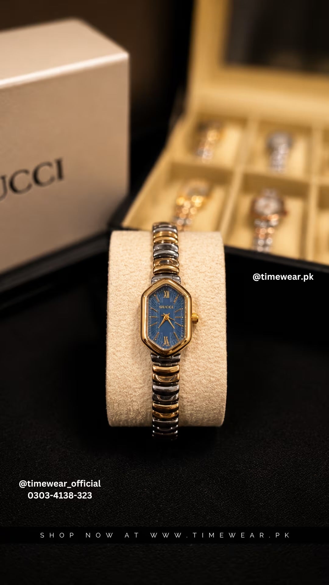Gucci Ladies Two Tone Chain Golden Blue Dial with Gucci Box & One Year Warranty