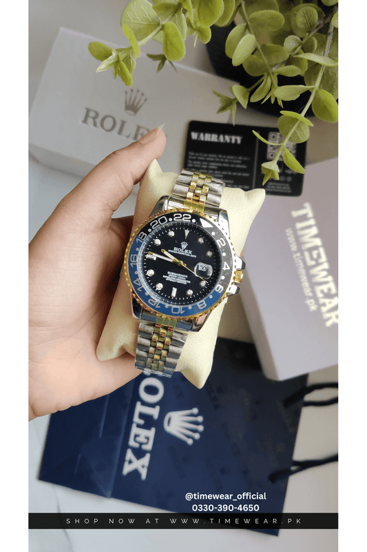 Rolex Gents GMT  (Two tone Chain Blue Black Dial) Premium Rolex Box