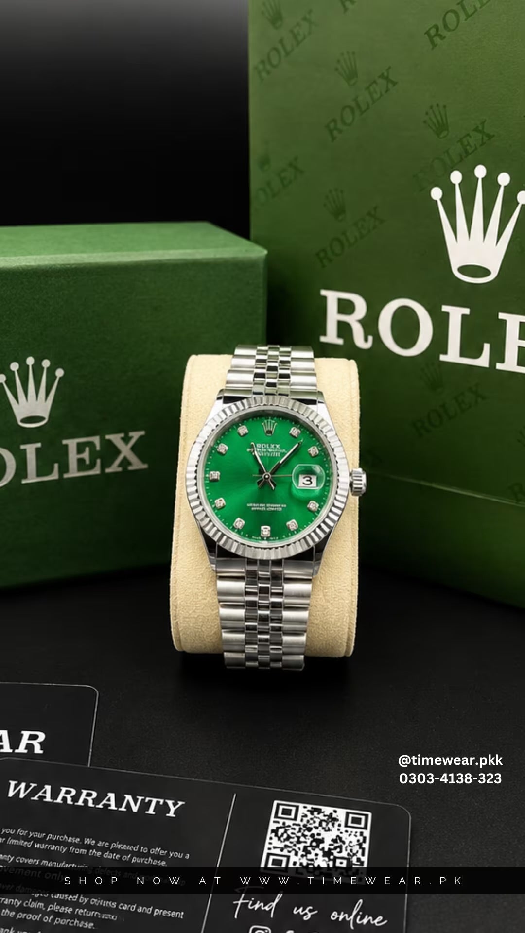 Rolex Gents Kan Silver Green with Rolex Box & One Year Warranty